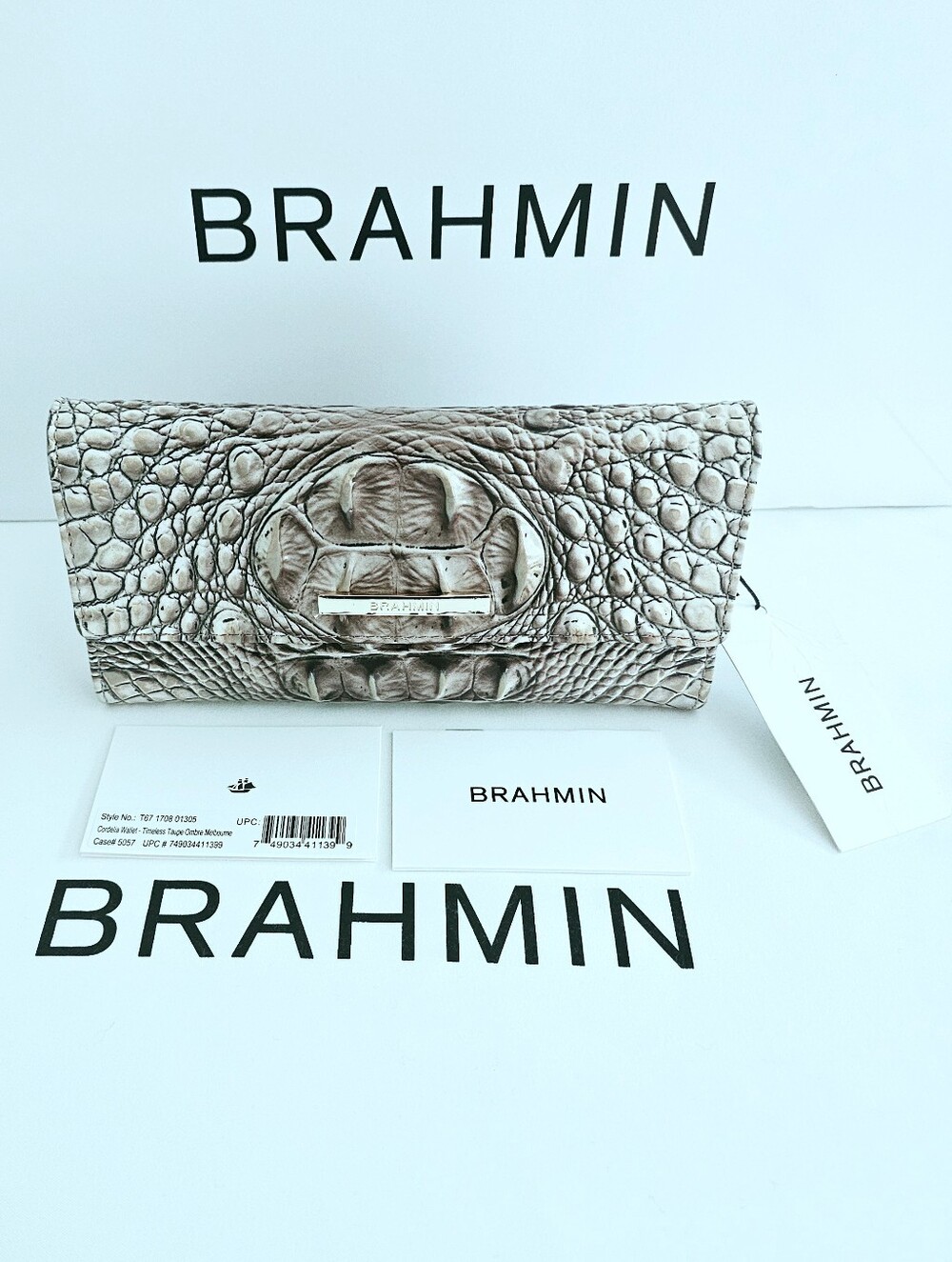 Brahmin Taupe Croc-Embossed Leather Clutch
